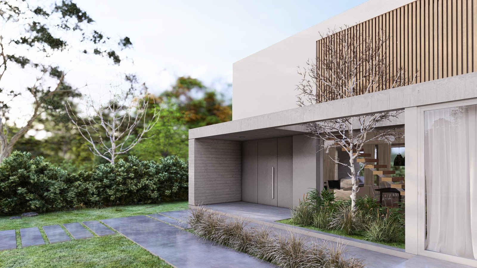 Fachada moderna con detalles en madera y grandes ventanales — proyecto Casa JB, por Hermann Arquitectos, en M775+94